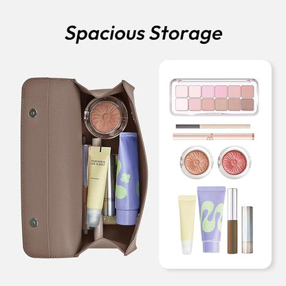 carrotez Stylish PU Leather Makeup Bag: Versatile Travel Toiletry Bag & Cosmetic Pouch, Small Makeup Organizer for Purse Essentials, Ideal Makeup Brush Holder & Sunglasses Case for Women - Cocoa Brown