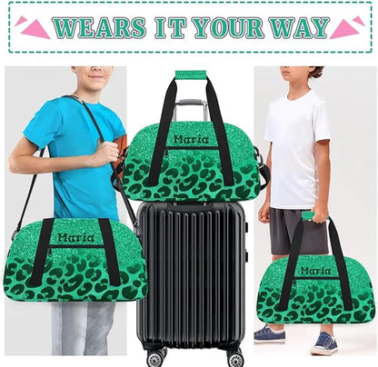 Personalized Kids Sports Duffel Bag with Name Custom Weekender Overnight Bag for Boys Girls Gym Bag Travel Dance Gymnastics Duffel Bag, Green Glitter Leopard Print