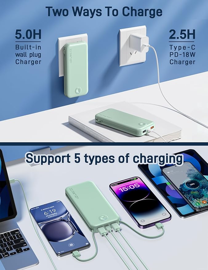 22.5W Super Fast Charging Portable Charger with Wall Plug,12000mAh USB-C Power Bank Built-in 2 Cable, Lightweight Phone Charger Travel Battery Pack for All iPhone, Samsung, Tablets