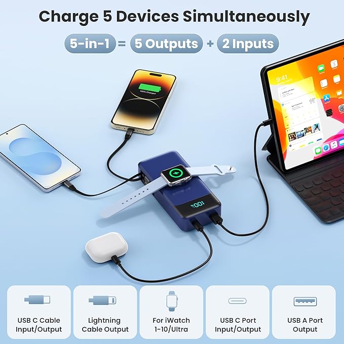 5-in-1 Portable Charger for iPhone,40800mAh Power Bank Built-in Retractable Cable and iWatch Charger,25W PD QC4.0 Fast Charging Battery Pack,Travel Essential Charger for iPhone 17/Air/16,Android,Blue