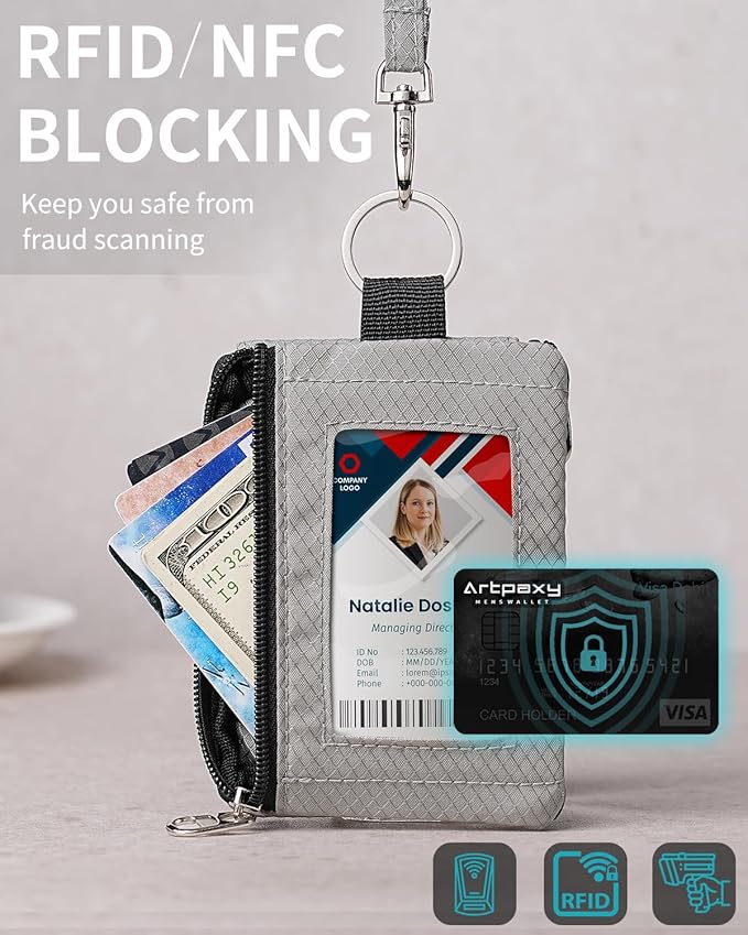 Minimalist Wallet For Mens Womens, Keychain RFID Blocking Zipper Small Wallet with ID Window 2 Lanyards,Water Resistant Travel Cash Card Coin Case Boys Girls