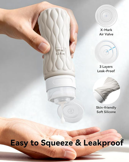 Silicone Travel Bottles for Toiletries 8 Pack Travel Size Toiletries 3.4 oz 1.7 oz, Leakproof Squeeze Travel Size Containers Refillable Cosmetic Jars Set for Shampoo, Conditioner, Creams