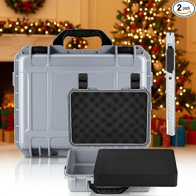 1 Pcs 16.3 x 12.4 x 6.5 Inch Waterproof Hard Case with DIY Customizable Foam Insert Portable Protective Case with Knife for Camera Drones Equipments Tools Test Instruments (Gray)