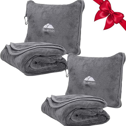 BlueHills 2-Pack Premium Soft Travel Blanket Pillow Airplane Blanket in Soft Bag Pillowcase with Hand Luggage Belt and Backpack Clip, Compact Pack Large Blankets for Any Travel (Grey Gray T013)