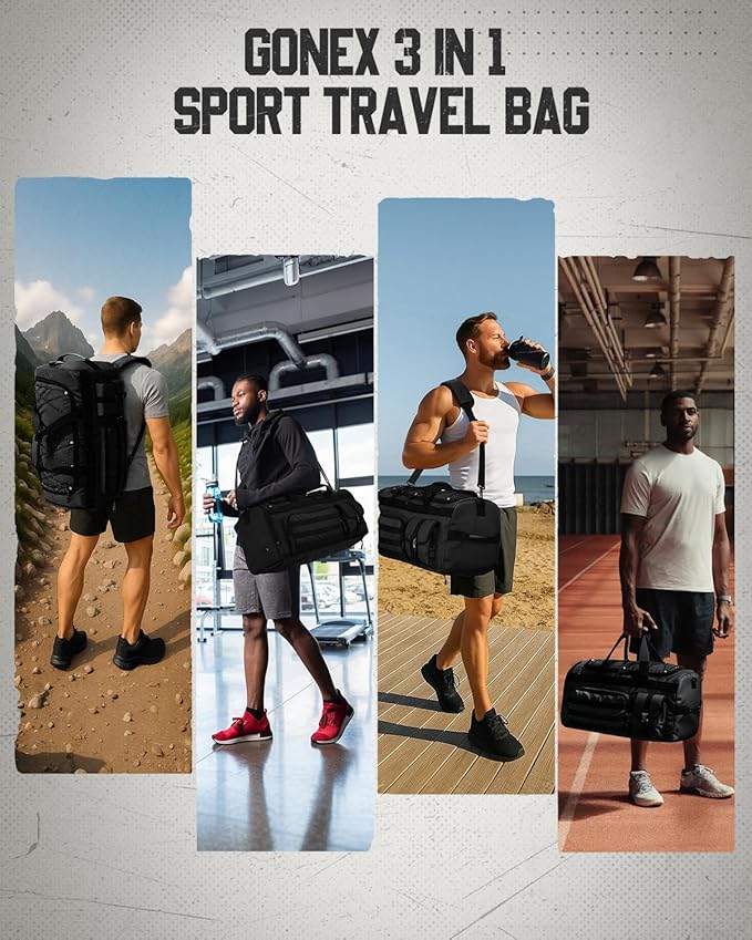 Gonex 45L Duffel Bag for Men, 3 in 1 Convertible Carry Gym Duffle with Shoe Compartment, Tactical Gear Loops, Water-Repellent Lining, Workout & Travel Bag (Black)