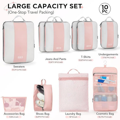 10 Set Compression Packing Cubes for Travel Essentials Women Mom,Compressible Expandable Packing Cubes for Suitcase,OlarHike Luggage Organizer Bags for Travel,Handy Helper for Organizing Clothes(Pink)