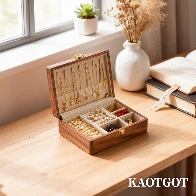 Travel Jewelry Case Small Wood Jewelry Organizer Jewelry Box for Women (Nut-Brown Print C)
