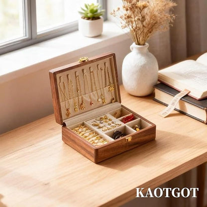 Travel Jewelry Case Small Wood Jewelry Organizer Jewelry Box for Women (Nut-Brown Print C)