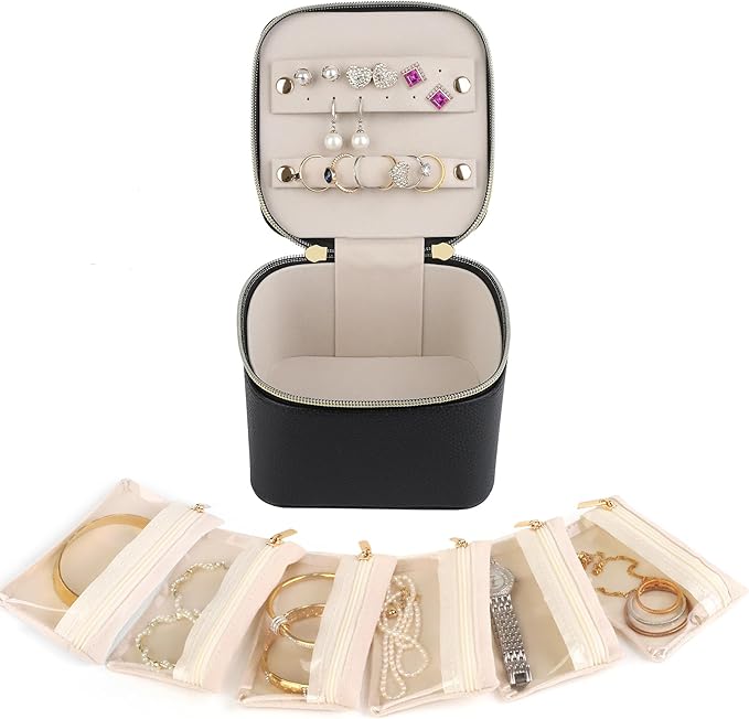 HofferRuffer Jewelry Box Organizer for Women Girls, Travel Jewelry Case with 6 Portable Zipper Bags, Jewelry Storage Ideal for Travel & Home Organization (6pcs-Black Faux Leather)
