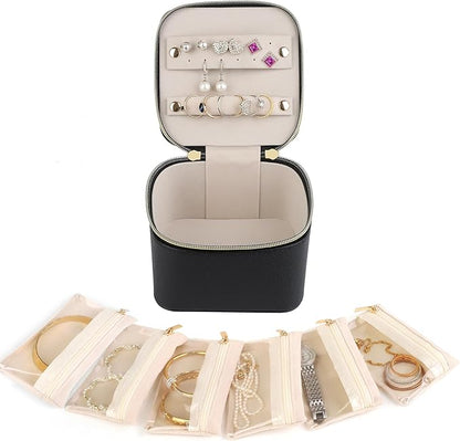 HofferRuffer Jewelry Box Organizer for Women Girls, Travel Jewelry Case with 6 Portable Zipper Bags, Jewelry Storage Ideal for Travel & Home Organization (6pcs-Black Faux Leather)