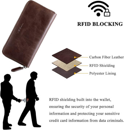 VISOUL Leather Long Zipper Pouch Wallet for Men and Women with RFID Blocking, Large Clutch Cash Long Wallet with Zipper (Coffee)