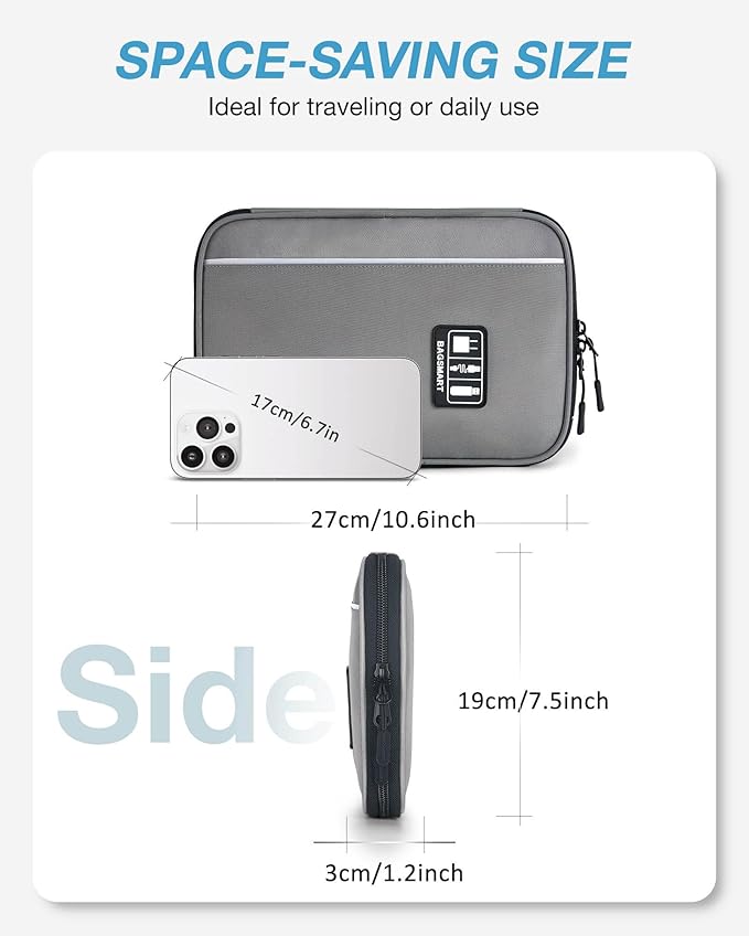 BAGSMART Large Electronics Travel Organizer Case, Tech Accessories Cord Storage Bag for Phone, Power Bank, SD Card, Cables, Grey