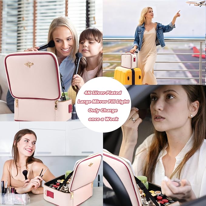 Travel Makeup Bag with Light Up Mirror, Portable Makeup Bag with Led Light Women Waterproof Makeup Travel Case adjustable dividers Rechargeable Vanity Mirror with 3 Color Lights (Pink)