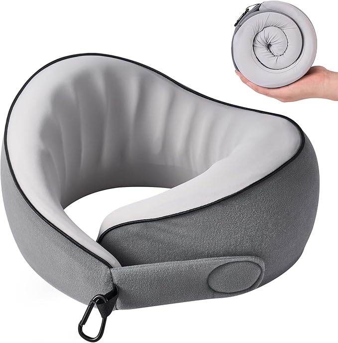 Travel Pillow, 100% Pure Memory Foam Travel Neck Pillow Airplane Neck Support Ergonomic Design for Traveling Suitable for Airplanes,Offices and Cars-Cooling Silk Light Grey Cover