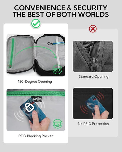 WATERFLY 3L Large Fanny Pack, 180° Opening Hip Pouch with Multi-Pockets, Anti-Theft RFID Blocking Waist Bag for Women Men Traveling Hiking Daily Use-Black