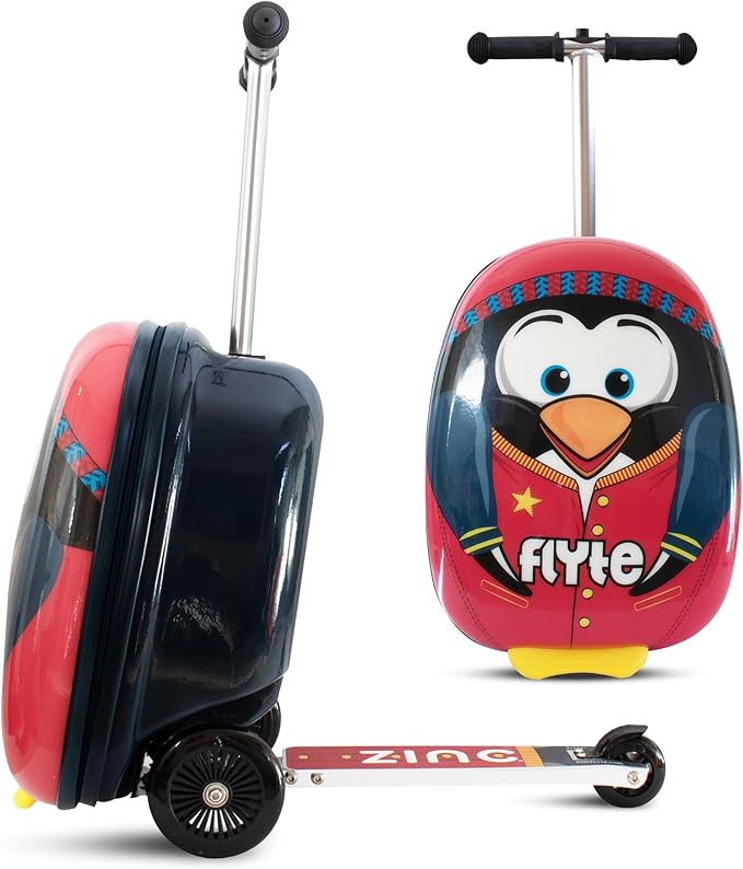 Flyte Perry The Penguin Scooter Suitcase - Rideable, Carry on Compliant 2-in-1 Children's Suitcases, 18 inch Ride on Suitcase for Kids, 25 Litre Capacity Kids' Luggage on Wheels for Children Aged 4+