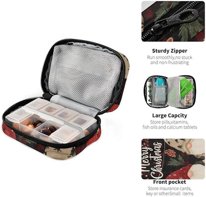 Checkered Christmas Floral Gnomes Travel Pill Organizer Case Box Container Weekly Portable Vitamin Medicine Holder Storage Bag with Zipper Removable