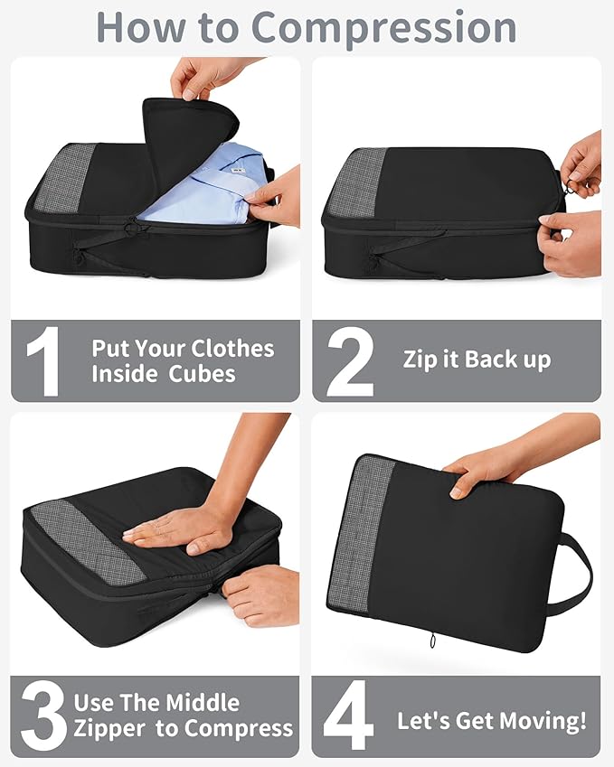 Compression Packing Cubes 11 Set - Expandable Suitcase Organizers, Luggage Bags for Travel Essentials - Black