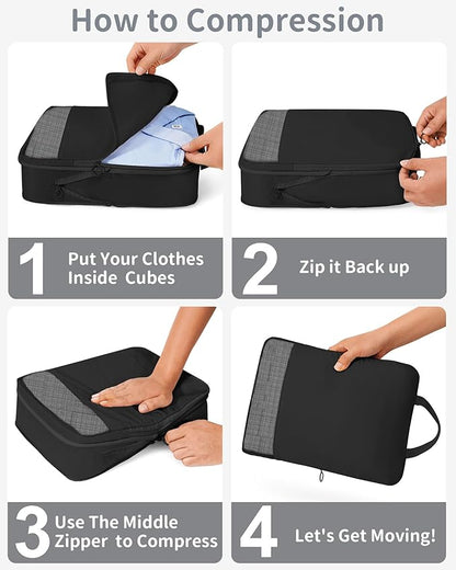 Compression Packing Cubes 11 Set - Expandable Suitcase Organizers, Luggage Bags for Travel Essentials - Black