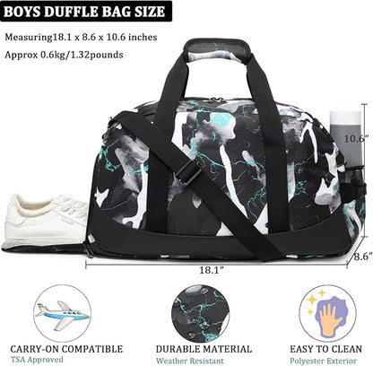Kids Overnight Duffle Bag Boys Sports Gym Bag with Shoe Compartment & Wet Pocket Teens Gymnastics Bag Carry On Weekender Travel Bag
