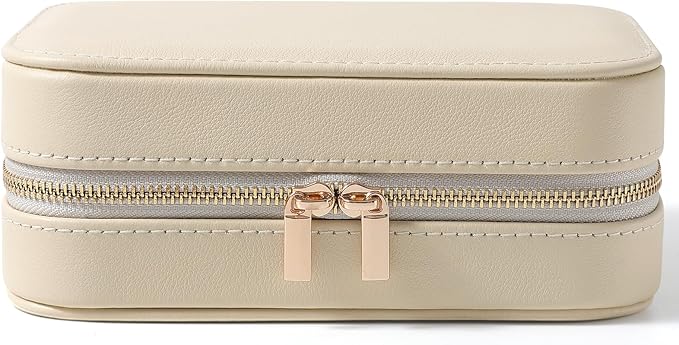 Genuine Leather Travel Jewelry Organizer Case with Mirror for Women, Small Mini Portable Jewelry Box for Ring Earrings Necklace Bracelet Luxury Gift for Women（Beige）