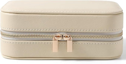 Genuine Leather Travel Jewelry Organizer Case with Mirror for Women, Small Mini Portable Jewelry Box for Ring Earrings Necklace Bracelet Luxury Gift for Women（Beige）