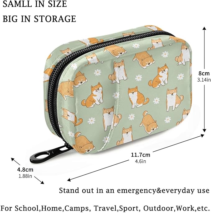 Fustylead Cute Cartoon Shiba Inu Dog and Daisy Flower Pill Organizer Travel Portable Zipper Cloth Bag for Holding Weekly Supplements Vitamins and Fish Oils