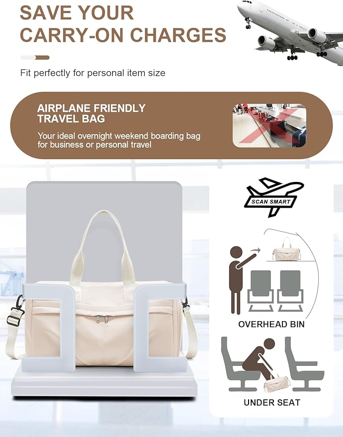 Gym Bag for Women Men, Sport Duffel Bag with Toiletry Bag & Shoe Compartment,Waterproof Travel Weekender Overnight Carry on Bag for Yoga with Trolley Sleeve, Beige Set