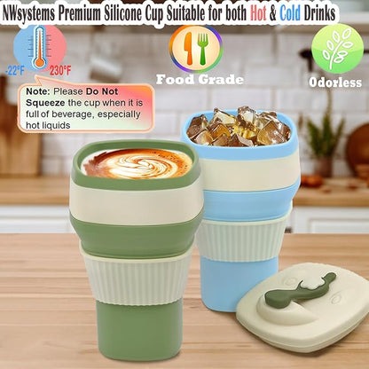Collapsible Silicone Cup, Safe & Portable, for Hot & Cold Drinks, 18.6 oz (550 ml) - Travel, Camping, Office, and More – Sage Green