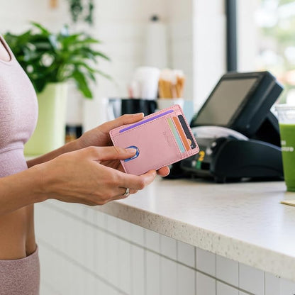 Buffway Slim Minimalist Front Pocket RFID Blocking Leather Wallets for Men and Women - Alaska Pink