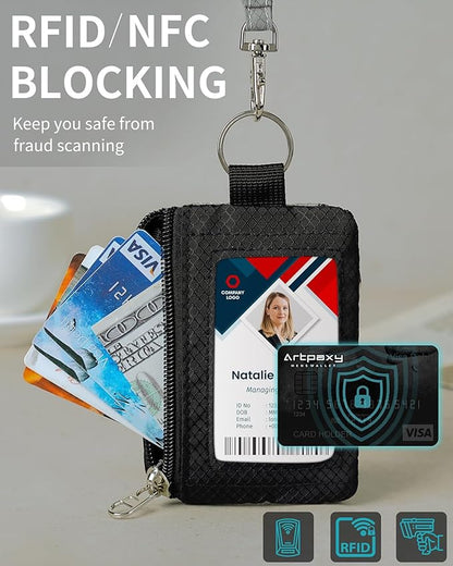 Minimalist Wallet For Mens Womens, Keychain RFID Blocking Zipper Small Wallet with ID Window 2 Lanyards,Water Resistant Travel Cash Card Coin Case Boys Girls