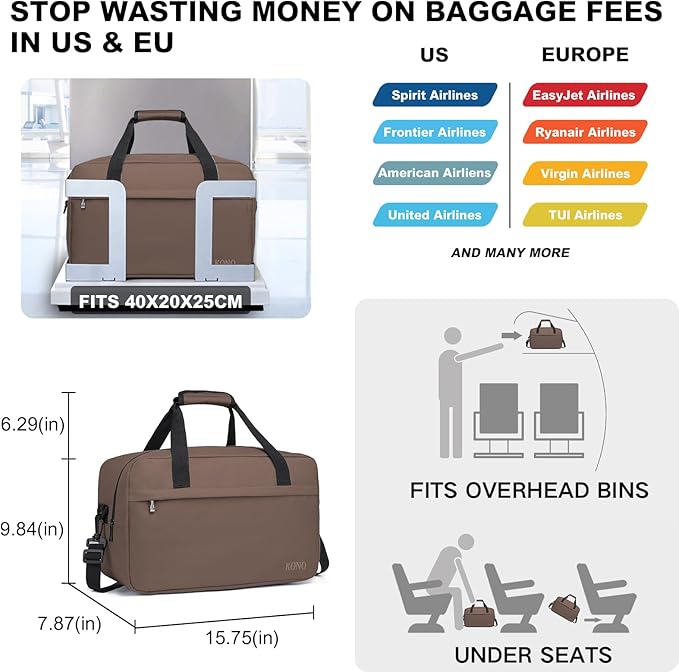 Kono Travel Duffel 20L Under Seat Carry-On Sports Tote Gym Weekender Overnight Bag - Brown, 15.75"x9.84"x7.87"