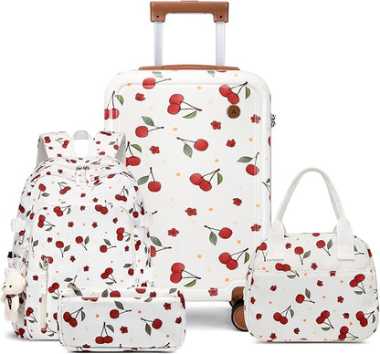 Somago 4 Piece Kid's Luggage with Backpack Set for Boys Girls Spinner 18" Hardside PC Rolling Carry on Suitcase with TSA Lock, Cherry White