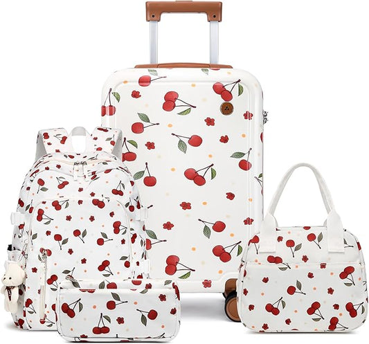 Somago 4 Piece Kid's Luggage with Backpack Set for Boys Girls Spinner 18" Hardside PC Rolling Carry on Suitcase with TSA Lock, Cherry White