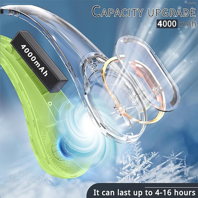 Portable Neck Fan, Bladeless Neck Fan, USB Rechargeable Personal Fan, 4000 mAh Battery Operated Wearable Fan, 3 Speeds Adjustable,Faster Cooling, Ultra Quiet, Suitable for Home, Office, Sports