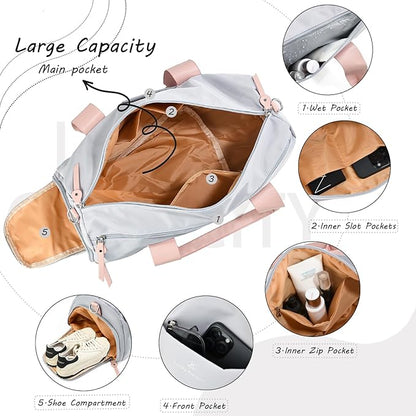 Gym Bag for Women, Duffle Bag for Travel with Shoe Compartment and Wet Pocket, Lightweight Carry on Weekender Duffel Bags, Water Resistant