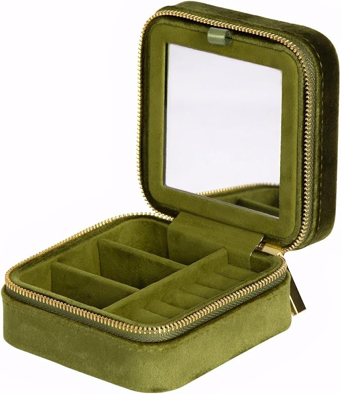 Velvet Jewelry Box, Small Travel Jewelry Organizer, Portable Jewelry Case for Women with Mirror, Green Mini Plush Travel Box