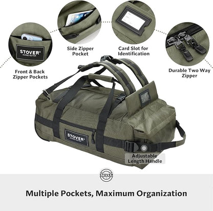STOVER 45L Carry-On Rolling Duffel Bag with Wheels, Medium Durable Travel Duffle w/Toiletry Bag, Heavy-Duty, Packable, Foldable with Shoulder Straps- Use as Luggage or Backpack, Men/Women (Green)