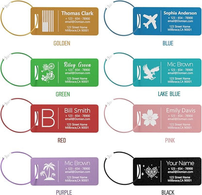 4 Personalized Metal Luggage Tags, Laser Engrave Name and Logo, Custom Aluminum Suitcase Tags with Steel Ring, for Travel, Backpack, Baggage (Blue)