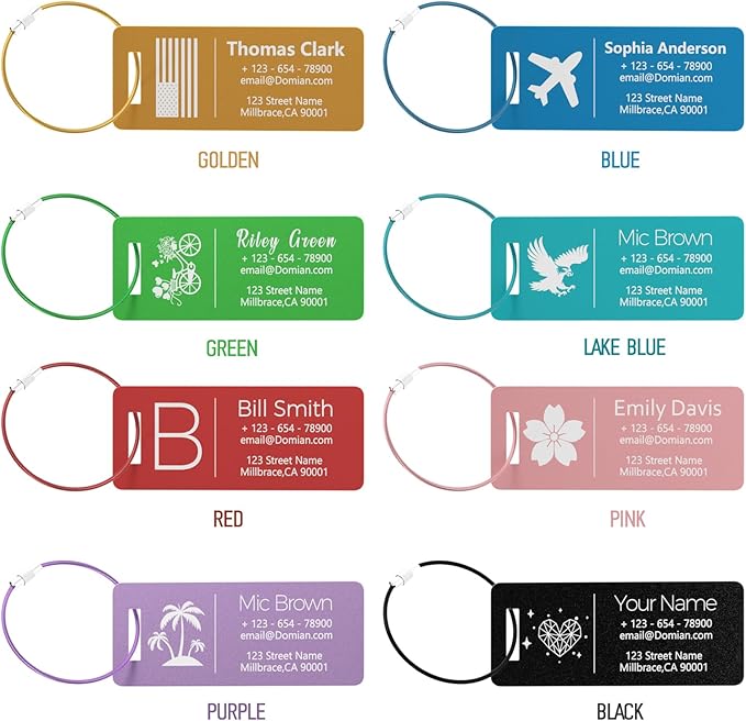 4 Personalized Metal Luggage Tags, Laser Engrave Name and Logo, Custom Aluminum Suitcase Tags with Steel Ring, for Travel, Backpack, Baggage (Red)