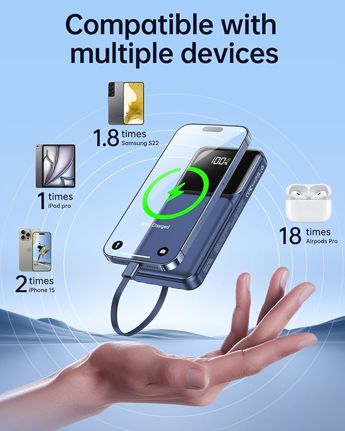 Portable Charger with Built in Cable 10000mah USB C Power Bank Fast Charging Travel Essential Battery Pack for iPhone Samsung Android iPad etc