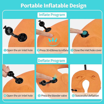 2 Pack Inflatable Travel Neck Pillows for Airplanes, Head Support Velvet Adult Neck Pillows for Long Flight, Kit with Eye Mask, Earplugs and Storage Bag, 2, Orange