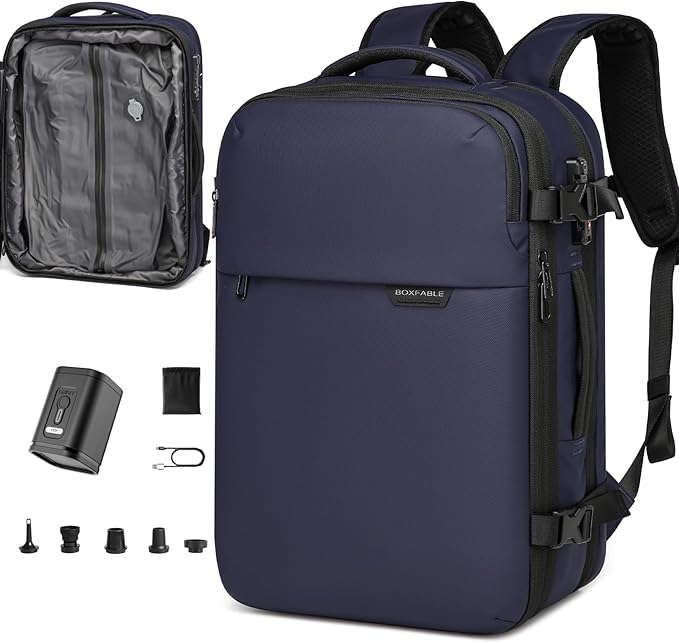 Vacuum Seal Travel Backpack 45L - Expandable Air Compression System, Water-Resistant, Carry-On Suitcase Luggage with TSA Lock Fits 18" Laptop - Vacuum Pump Included (Blue)