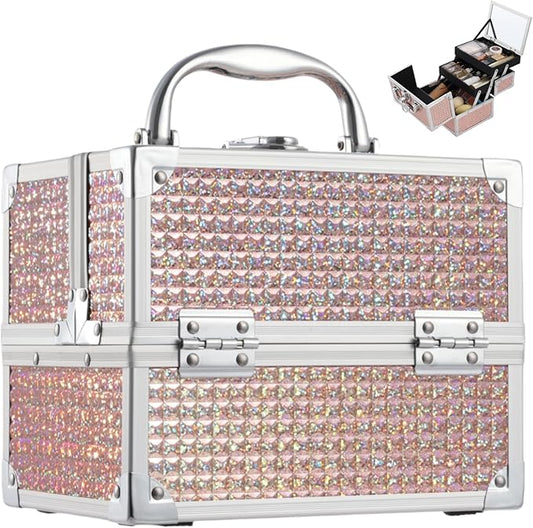 Costravio Makeup Box with Mirror, Makeup Organizer Case Train Case for Girls Women Kids Make up Box Makeup Case Organizer with Lock and Key Storage Vanity for Polishes Cosmetic Jewelry, Shiny Pink