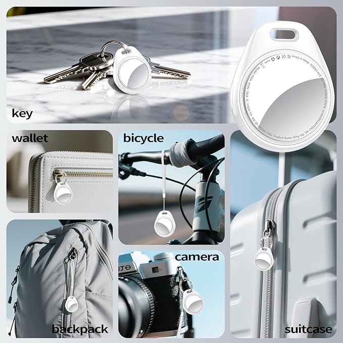 [iOS Only] Tukio Air Tracker Tags 4 Pack White, [Apple MFi Certified] Bluetooth Key Finder & Smart Item Locator Work with Apple Find My for Keys/Luggage/Bags/Suitcases/Car, 365-Day Replaceable Battery