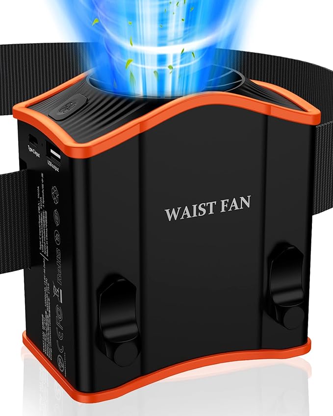 Upgraded Portable Waist Fan with Adjustable Belt,10 Times Strong Wind Waist Clip Fan with 12000mAh Battery Over 40H Working Time, Belt Fan for Outdoor Works,Camping,Travel,Fishing