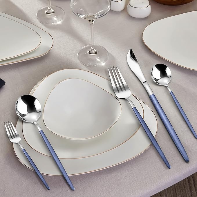 Mirror Silver Blue Silverware Set, 20-Piece Stainless Steel Flatware Set, Satin Finish tableware Cutlery Set, Service for 4, Home and Restaurant, Dishwasher Safe