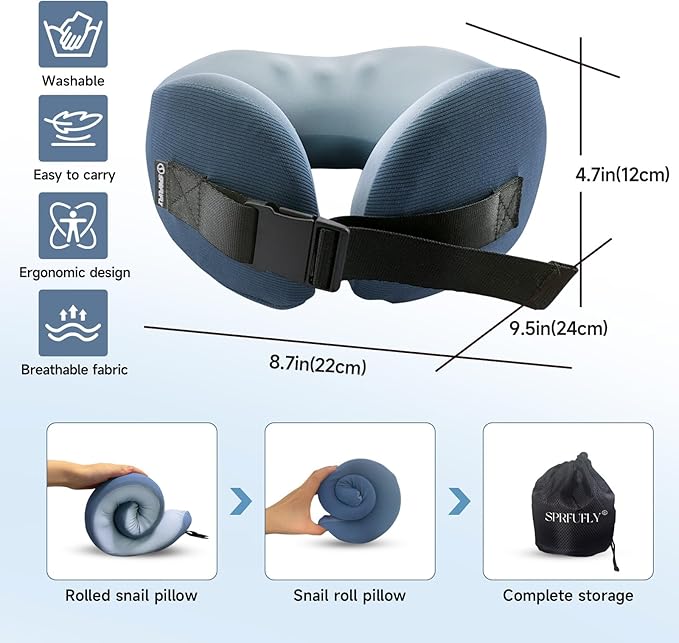 SPRFUFLY Super Soft Travel Pillow, 100% Memory Airplane Pillow with Sleep Mask and Ear Plugs, Breathable Removable Cover & Ergonomic Design - Essentials Neck Pillow for Airplane, Office & Home Use
