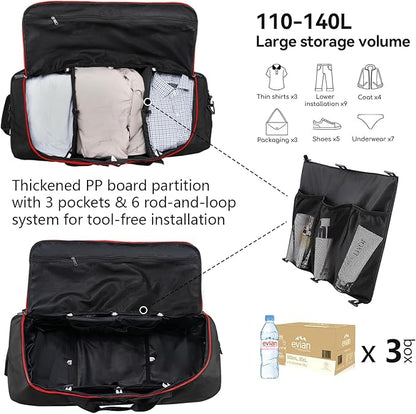 Vomgomfom Wheeled Collapsible Duffel Bag,110L-140L Expandable Checked Luggage, No-Telescopic-Handle with Anti-Burst Zipper & Reinforced Frame,Black-red