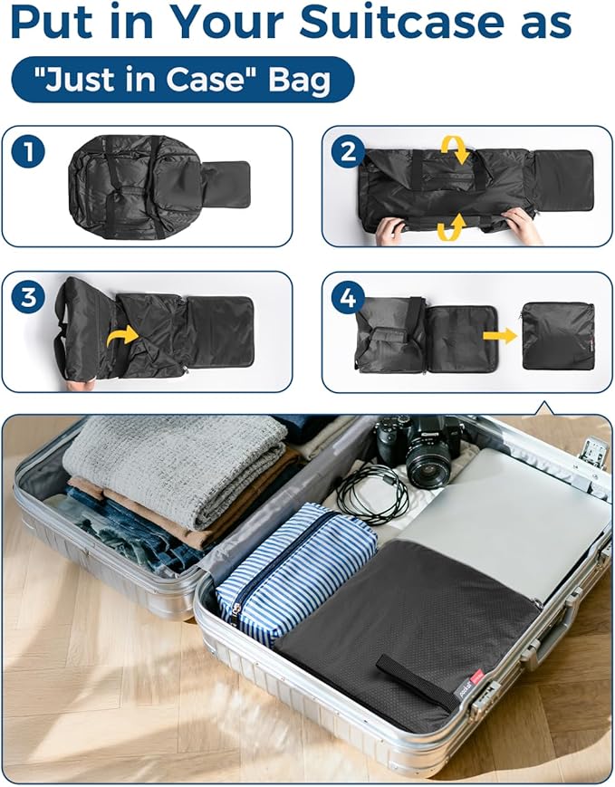 pack all 65L Foldable Travel Duffel Bag, Packable Weekender Bag with Shoe Compartment, Water-Resistant Gym Bag with Adjustable Strap for Overnight, Sports and Camping (Black)